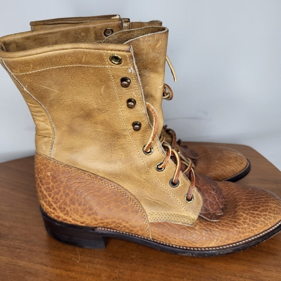 JUSTIN MENS RARE'630'KILTED LACE PACKER-STYLE BOOT CHEYENNE/BULLHIDE 7.5 B - Picture 9 of 13